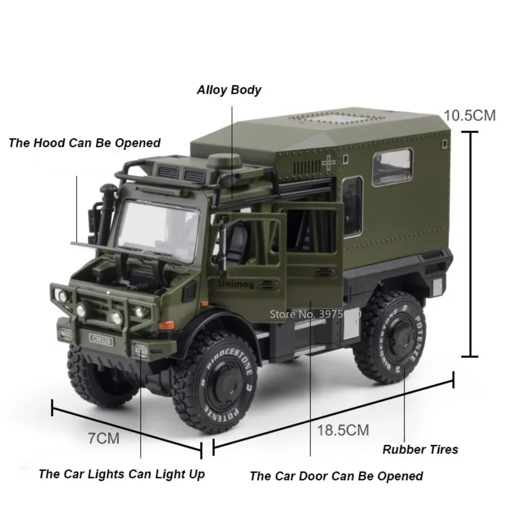 1:28 Benz Unimog Motorhome Toy Car Model Alloy Diecast Sound Light Pull Back Doors Opened Toys Vehicles Children Birthday Gifts 2