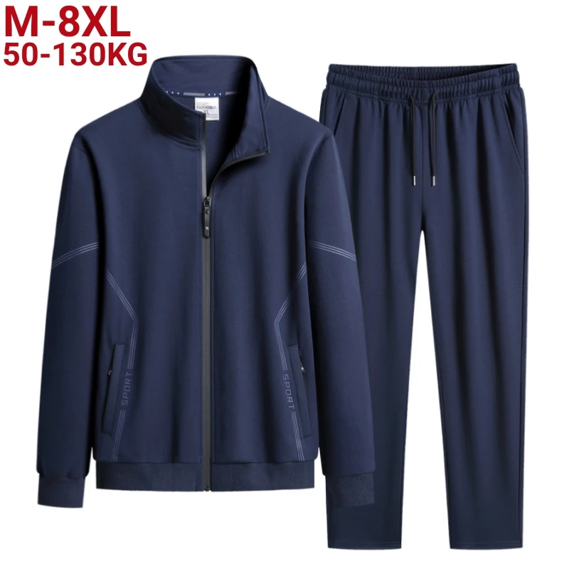 

New Spring Black Bluetracksuit Men Plus Size 8xl 7xl Streetwear Baseball Jacket+Pants 2 Piece Jogger Sets Casual Sweat Suits