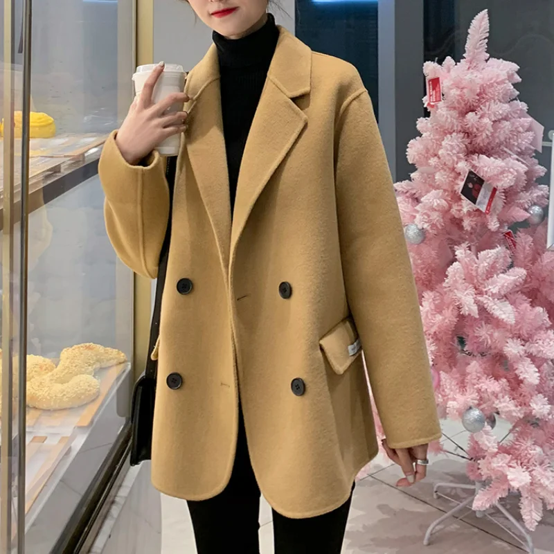 

Double-sided Wool Coat Women Short Small Suit Autumn Winter Loose Woolen Coats Girls Hepburn Style Jackets Ladies Blends Coats