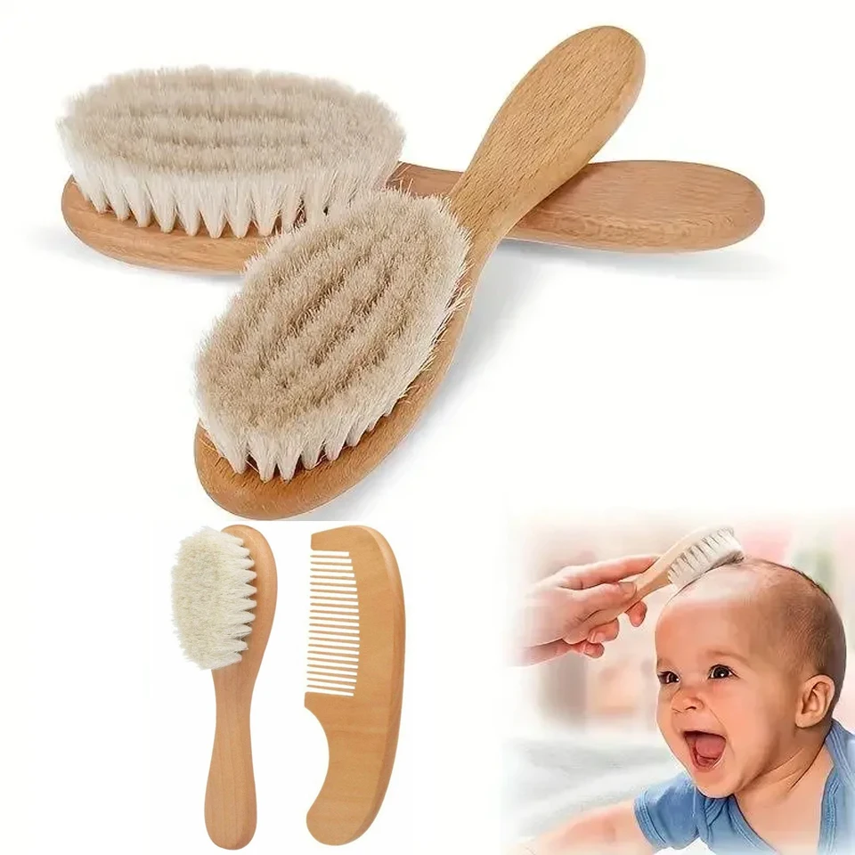 2pcs Baby Care Hair Brush Beech Soft Wool Wood Comb Newborn Massager Comb Baby Shower And Gift Sleeping Soothing Bedding hair comb curly hair brush hair styling tools hair brush comb hair comb set wooden handle brush