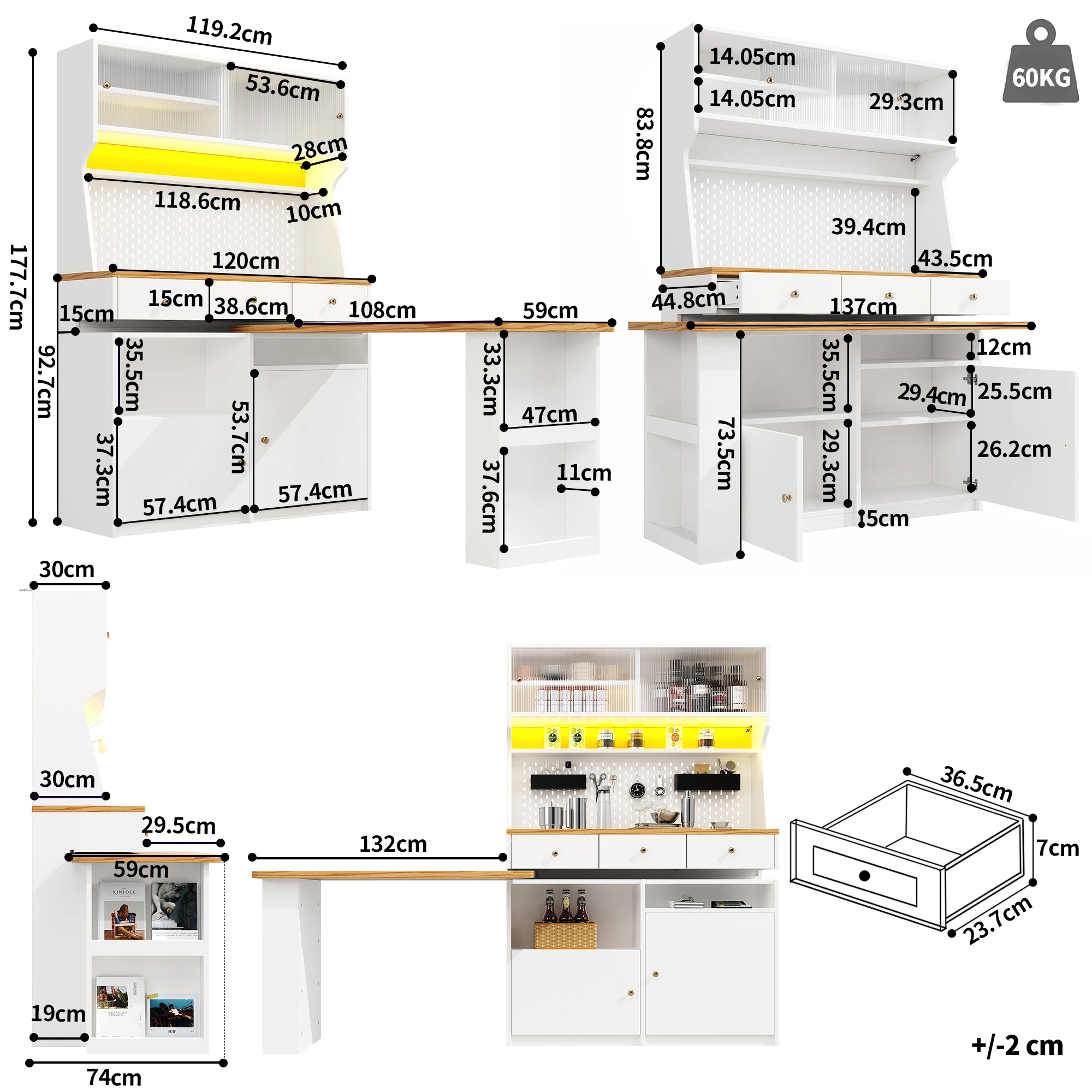 Hoher Küchenschrank, Mehrzweck-Aufbewahrungsbuffet mit 2 Türen und 3 Schubladen, vielseitiger Snack-Schrank/Schreibtisch/Tischschrank – Detail 5