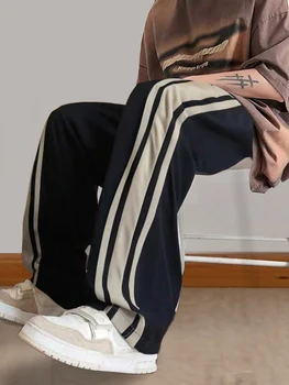 Men's Black Side Double White Stripe Drawstring Wide Leg Sweatpants Summer Loose Straight Casual Pants
