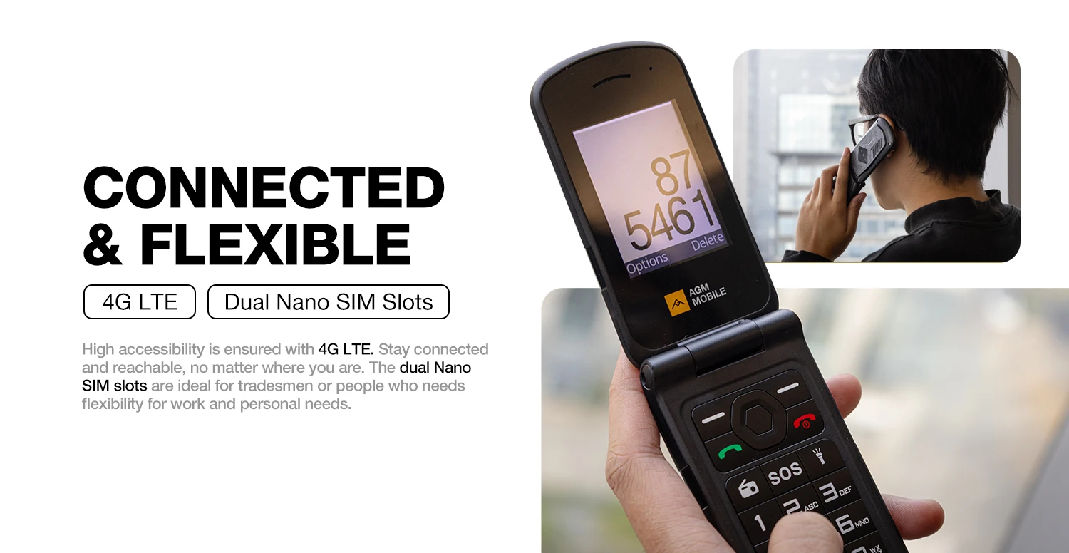 AGM M10 Rugged Flip Phone 4G Dual SIM Large Button Speed Dial Flashlight FM Radio SOS Call With Loud Speaker For Elderly