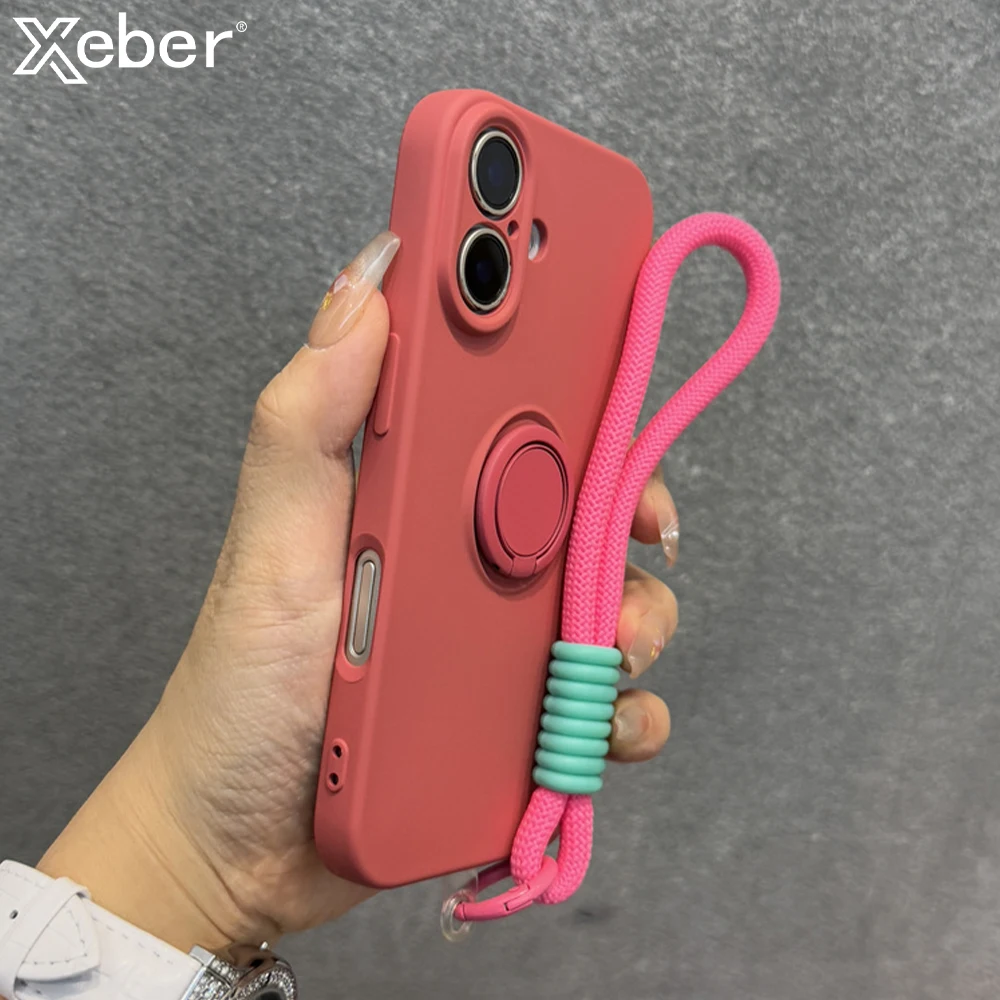 Luxury Solid Liquid Silicone Phone Case with Lanyard and Ring Holder - Matte Frosted Finish