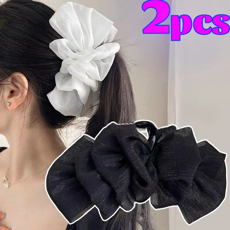 Double-sided Bowknot Hair Claw French Fashion Tulle Back Head Curly Big Crab Hair Clip Simple Sweet Women Ponytail Headwear elegant women bow hair claw clips double sided large satin shark hair claw solid bowknot hairpins barrettes hair accessories