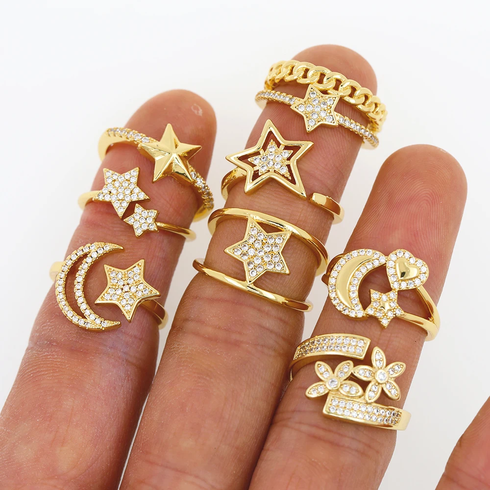 Romantic Sun Moon Star Charms Pendant Shine Cz Ring For Girl Design Fashion Real Gold Bling Zircon Adjustable Open Rings Jewelry