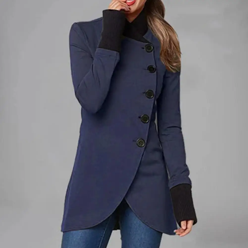 

Stylish Casual Coat Stand Collar Super Soft Long Jacket Irregular Hem Ladies Trendy Coat