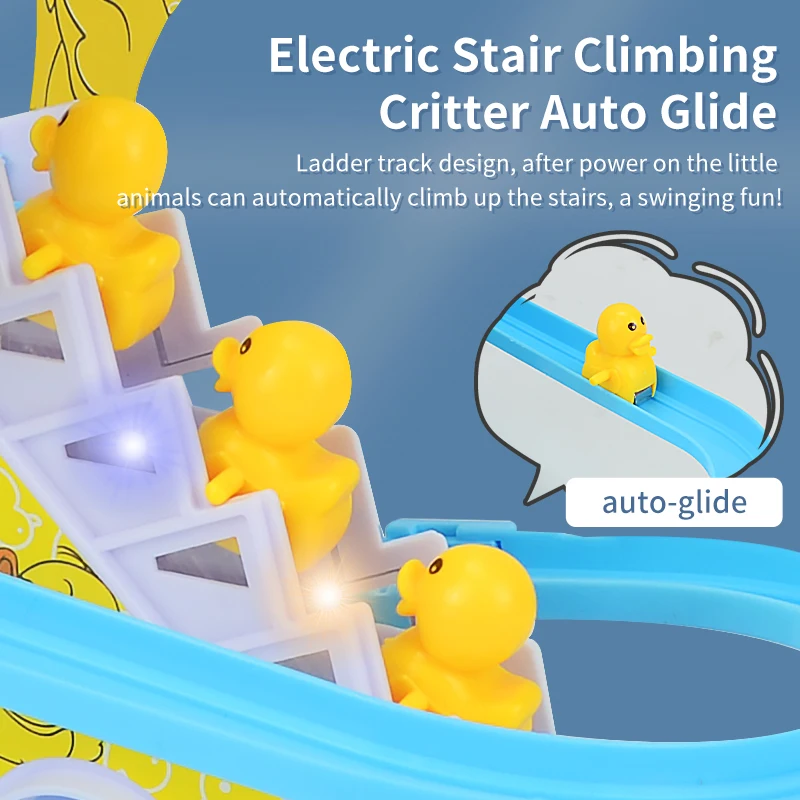 Electric Driving Toy Climbing Stairs Track Toys Electric Duck DIY Rail Racing Track Roller Coaster Toys Set Light Music Educational Toy For Kids Gift