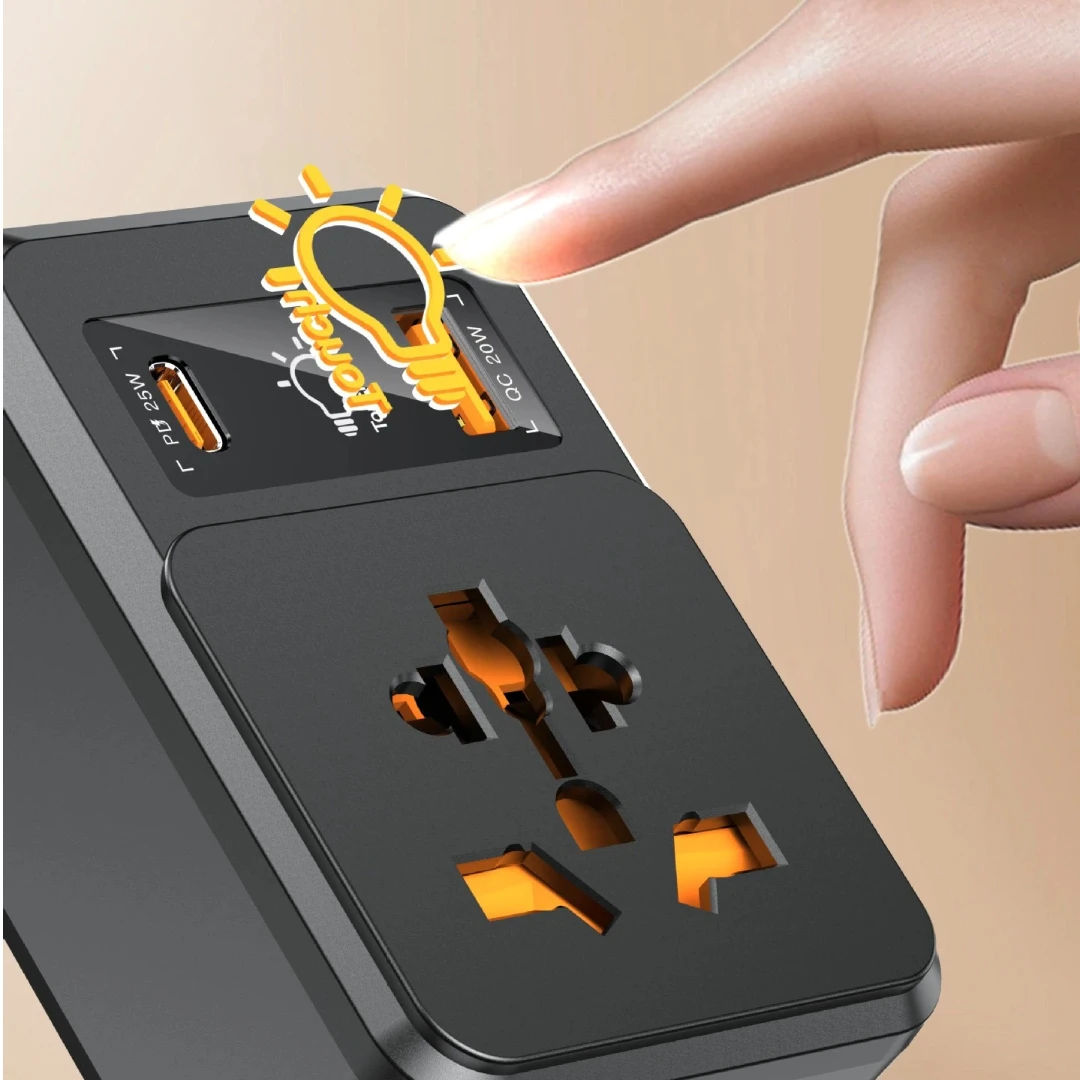 Universal Travel Adapter with Fast Charging USB Ports and Sensor Switch