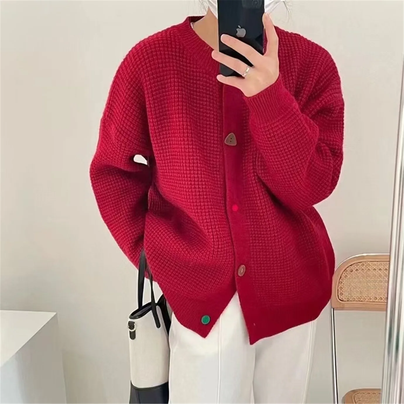 

Winter Autumn Red Korean 2023 Autumn Casual Basic Button Sweater Women's Long Sleeve Loose Knit Cardigan Top Coat Japan Girl