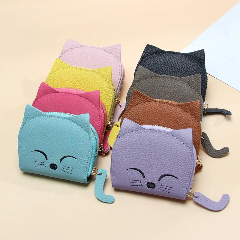 Credit Card Holder for Women Cute Small Ladies Cat Girls Female Genuine Leather Cardholder Wallets 2024 New Card Bag