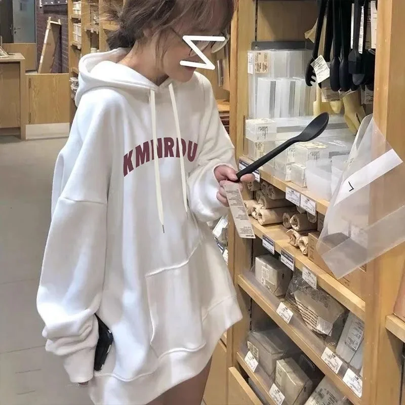

Women's Clothing White Vintage Street Hoodie Personalized Letter Printing Long Sleeves Casual Hip Hop Oversize Baggy Ladies Tops