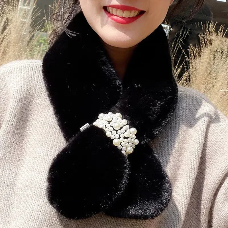 New Womens Winter Scarf Artificial Plush Pearl Thick Warm Cross Three-dimensional Hat Female
