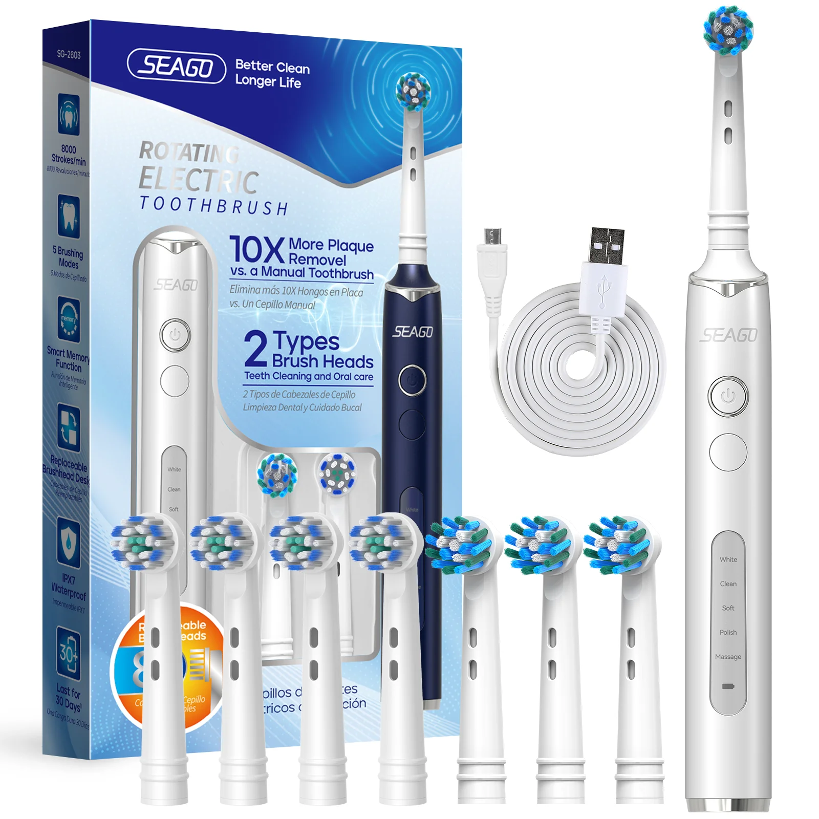 Electric Toothbrush Seago Rotating Rechargeable Teeth Cleaning with 8 Brush Heads 5 Modes Portable Smart Timer electric toothbrush,electric tooth cleaner