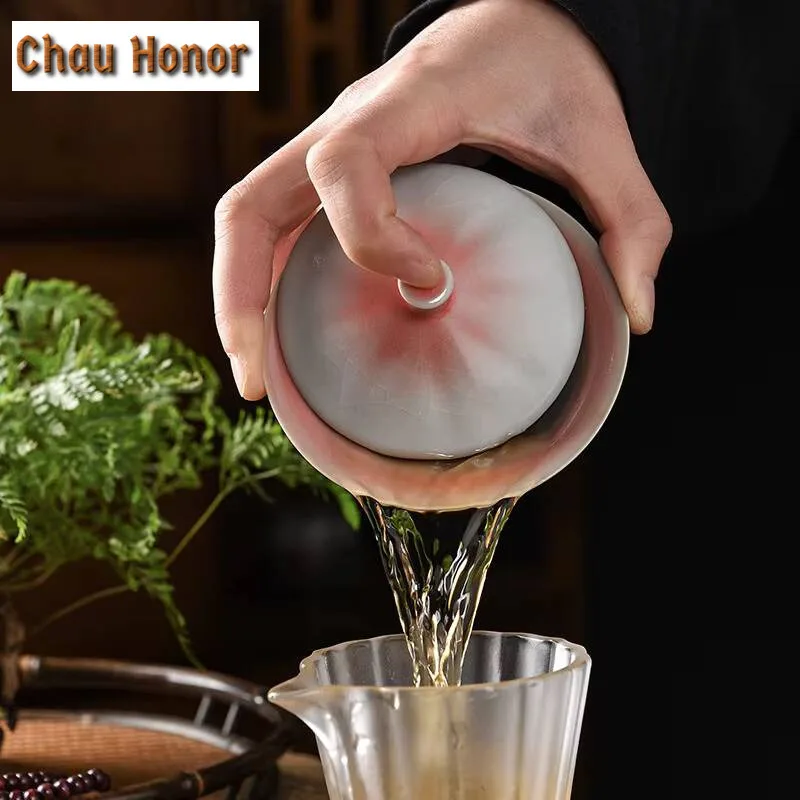 100ml High-end Ru Kiln Cherry Powder Ceramics Sancai Gaiwan Handmade Home Kung Fu Tea Set Tea Ceremony Drinkware Birthday Gifts