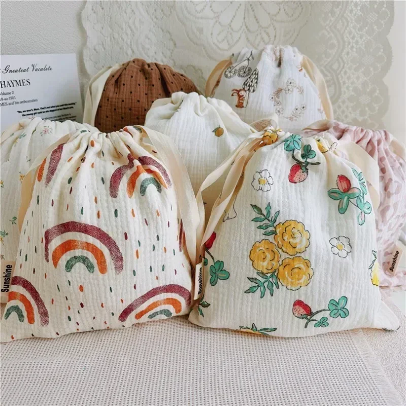 Diaper bag maternity bag diaper pouch natural cotton mommy storage bags outdoor baby diaper carrier cute sunshine rainbow printing drawstring 27x25cm