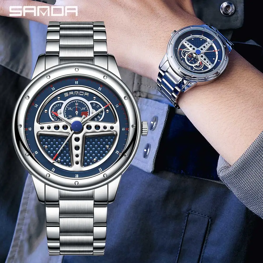 

Hot Sell Men Sports Wrist Watch Car Steering Wheel 3D Model Waterproof Stainless Steel Clock Quartz Watches Relogio Masculino