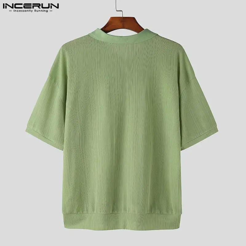 INCERUN Tops 2023 Korean Style New Mens Solid Simple Loose Shirts Casual Streetwear Male Knitted Short Sleeve Lapel Blouse S-5XL