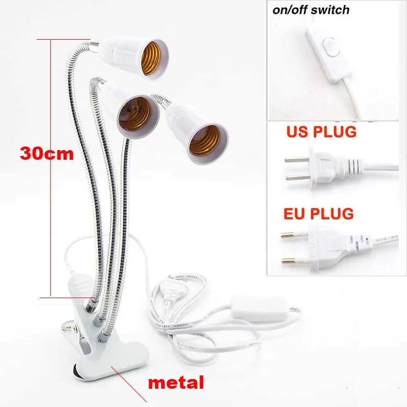 

360 Degrees Flexible Desk Lamp Holder 3 Heads E27 Plug Base Light Socket with On off Single Switch Cable for LED Grow Lights B3