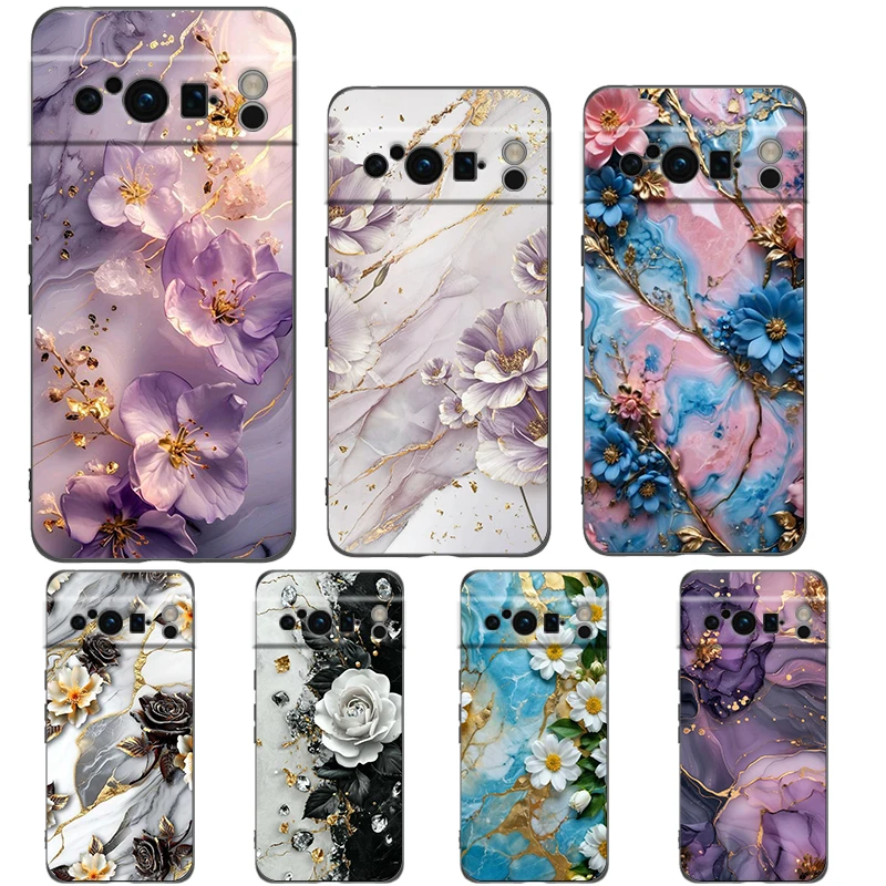 Elegant Flower Marble Design Shockproof Phone Case - Soft TPU Black Cover