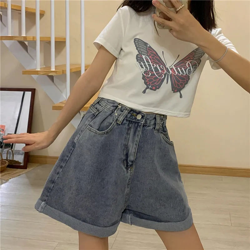 shorts women Loose High Waist Denim Shorts Women 2021 New Korean Raw Edge Straight Wide Leg Pants Thin Versatile Female Pants Shorts Blue womens clothing