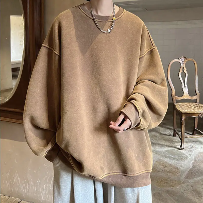 

American Washed Old Pullovers Sweatshirts Men Loose Solid 2023 Autumn Large Size O Neck Tops Hip Hop Male Streetwear Sweatshirt