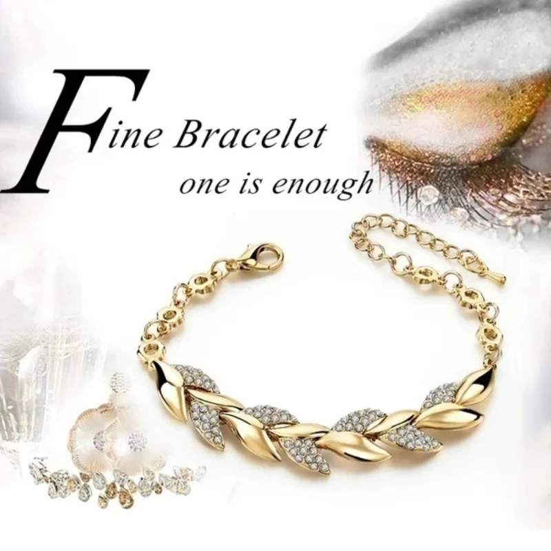 Delysia King Women Inlaid Crystal Golden Leaf Bracelet Trendy Bride Wedding Jewelry leaf bracelet