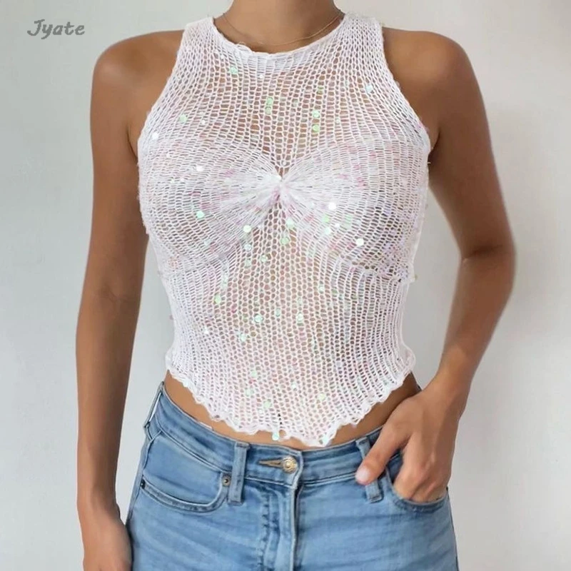 

Bling Bling Perspective Sequin Tank Sheer Sexy Knit Summrt Vest Clubwer Beach Vacation Fashion Women Pullover Tees 2024 New