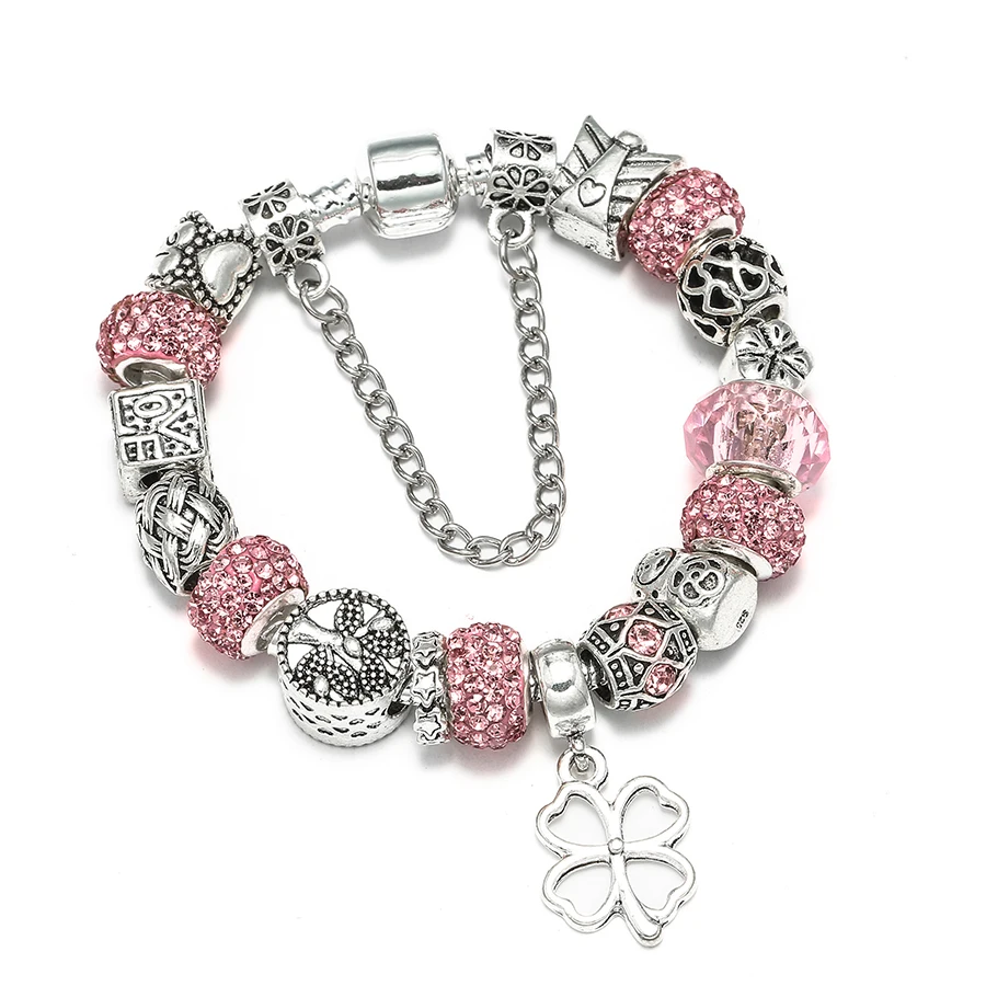 Seialoy Silver Color Shiny Pink Footprints Beaded Charm Bracelets For Women Girls Original Fashion DIY Jewelry Gifts