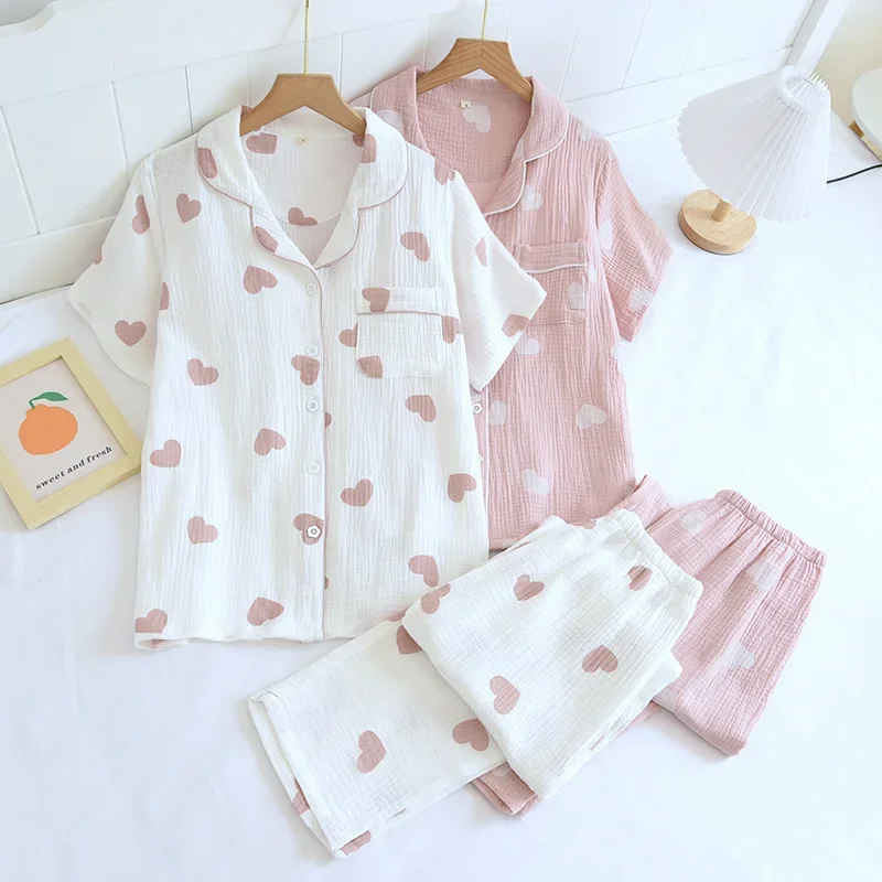 

Summer autumn new women's 100% cotton crepe pajamas short-sleeved trousers 2-piece cute Love printing women's home service suit