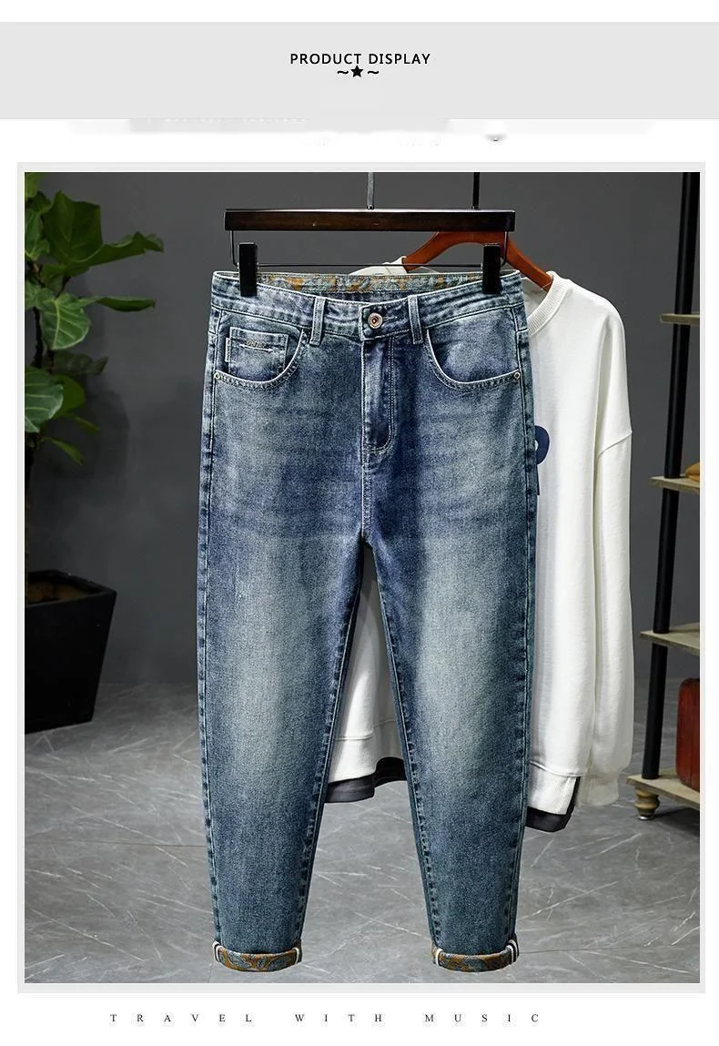 Jeans for men, high-end ruffian handsome, trendy embroidery and printing, elastic slim fit, small straight leg,_voghion.com