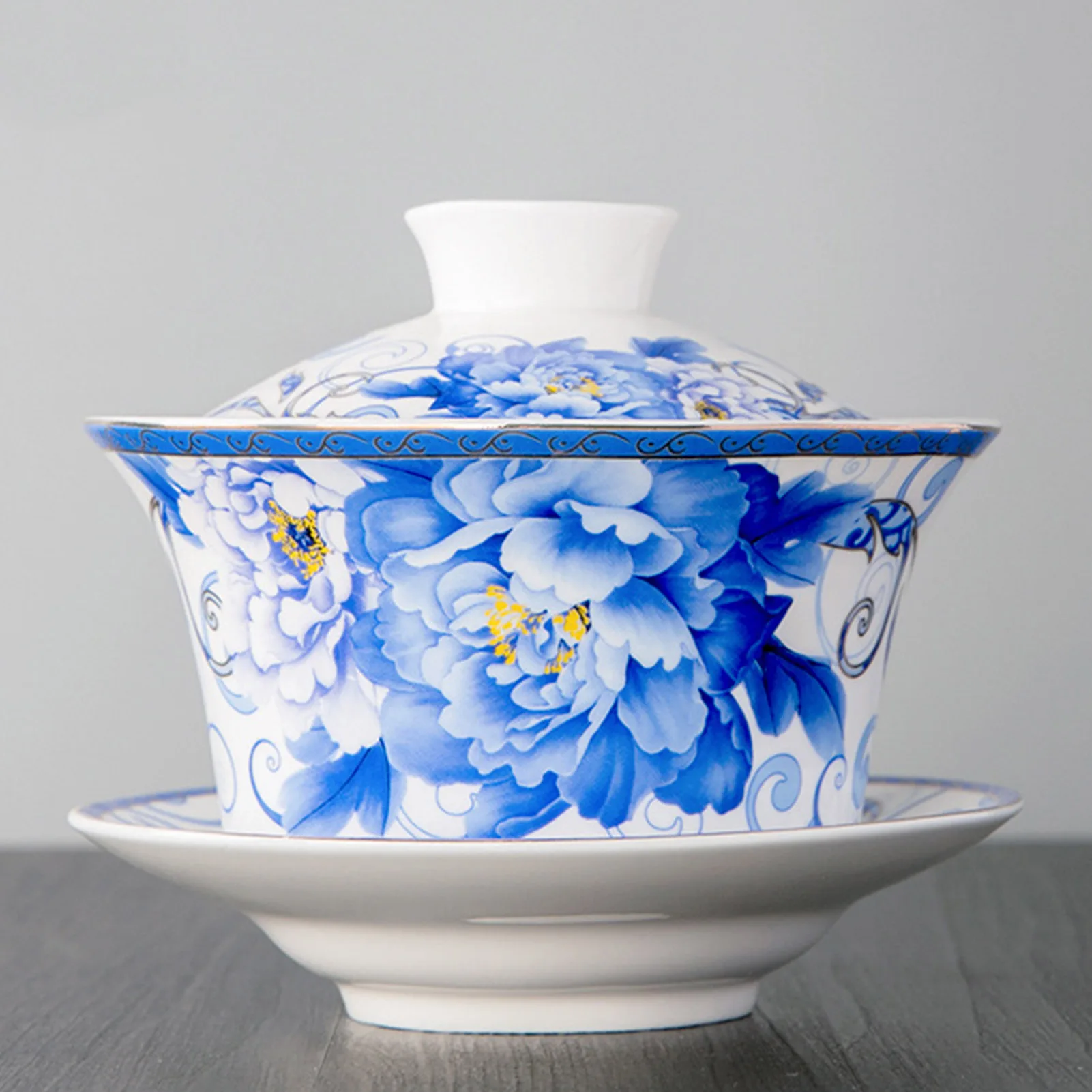 Classic China Tea Bowl Ethnic Style Gorgeous Flower Pattern Cup Saucer Lid Tea Set for Office Brew Fu