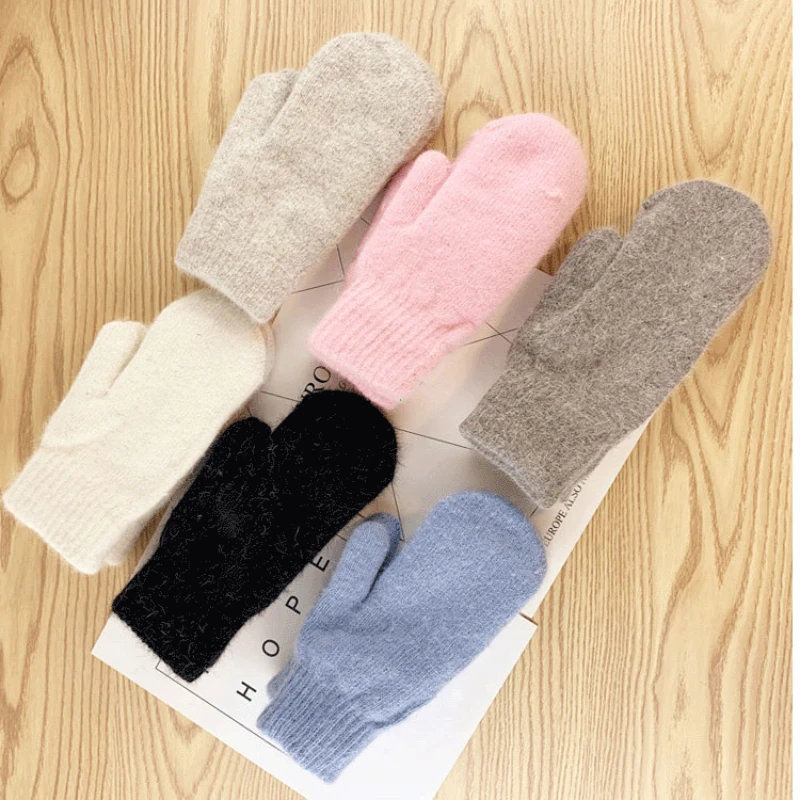 Double-layer Rabbit Hair Gloves Female Winter Cold Korean Version of Solid Color All Fingers Winter Women Gloves Girls Mittens