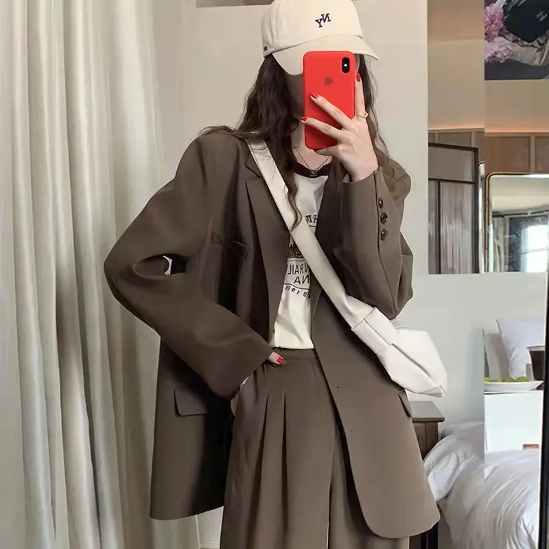 Blazers Women Retro British Style Solid Brown Single Breasted Loose Suit Blazer Elegant High Street Notched Outwear Office Lady 3