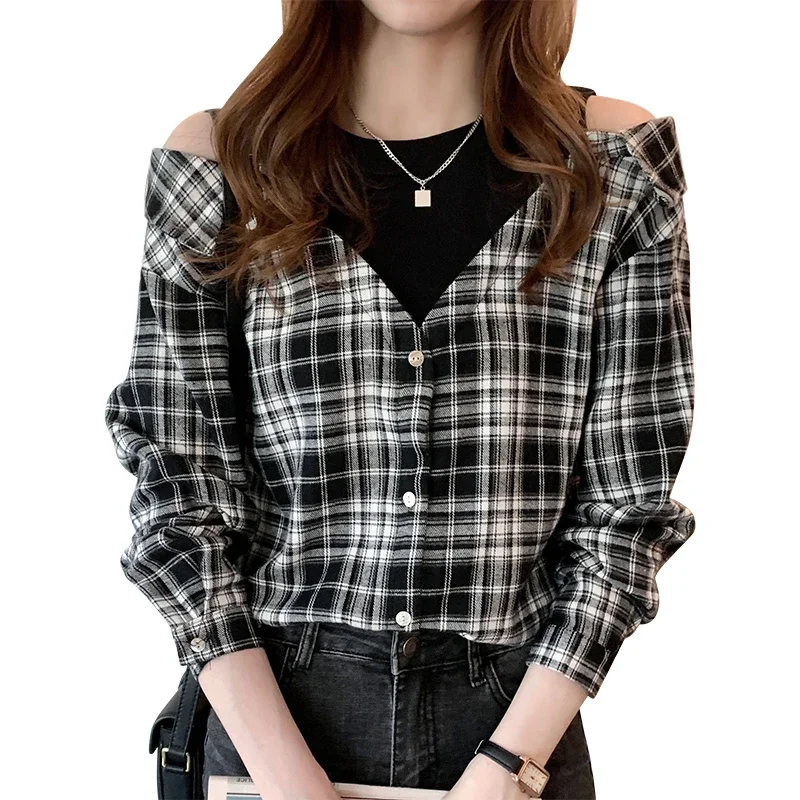 Women Casual Plaid Shirts Loose Style ladies Tops Black Fake Two Piece Blouses 2023 Spring Blouses Off Shoulder Shirt