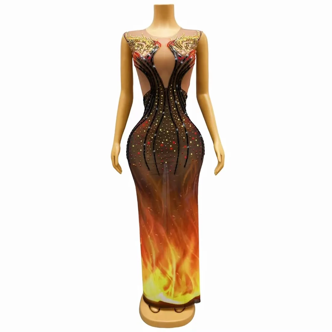 

Black Gold Red Fire Pattern RhinestonesSleeveless Dress Sexy Stretch Outfit Dance ShowNightclub Costume Party Wear C280