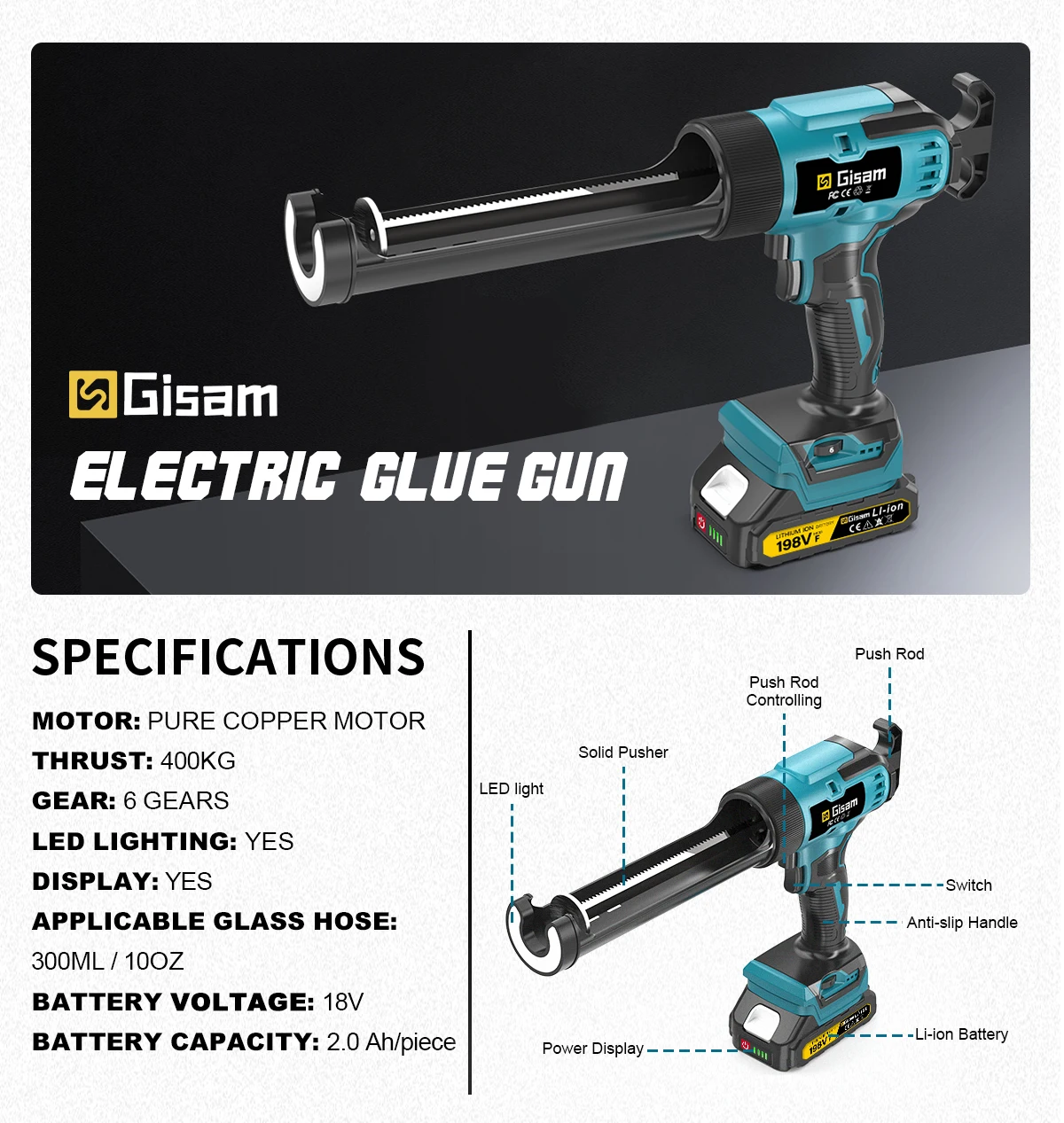400KG Cordless Electric Caulking Gun 6Gears Glass Glue Gun Adhesive Glue Sealant