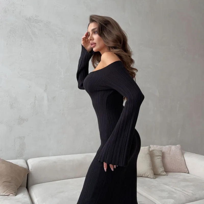 Ribbed Off-Shoulder Knit Long Dress For Women Slim Elegant Long Sleeve High Waist Backless Dress Knitwear Loose Maxi Dress