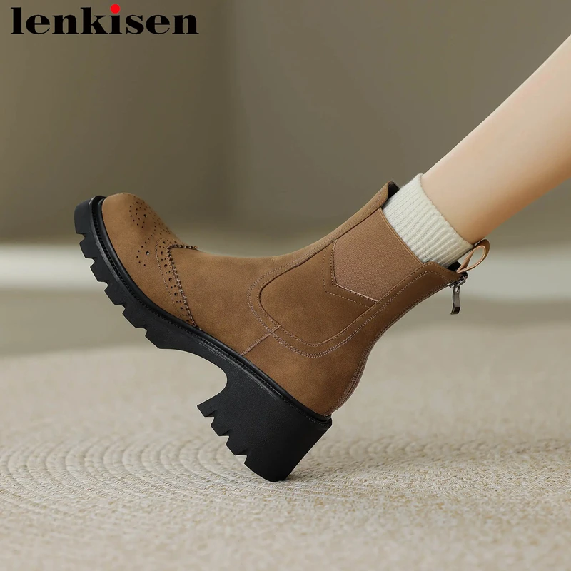 

Lenkisen Fashion Cow Leather Round Toe Thick Heels Classics Warm Winter Chelsea Boots Slip On Vintage Office Lady Ankle Boots