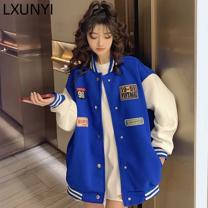

New Autumn Bomber Jacket Women Statue Outer High School Student Young Girl Contrast Color Long Sleeve Loose Patch Casual Coat