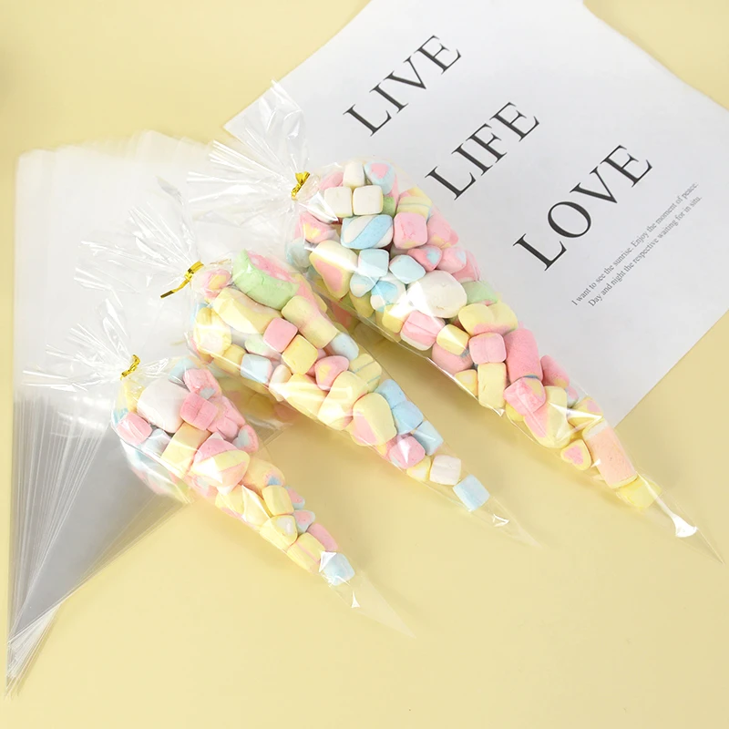 50PCS Transparente Kunststoff Süßigkeiten Taschen Dreieck Snack Tasche Popcorn Cookie Verpackung Tasche Hochzeit Geburtstag Baby Dusche Weihnachten – Detail 7