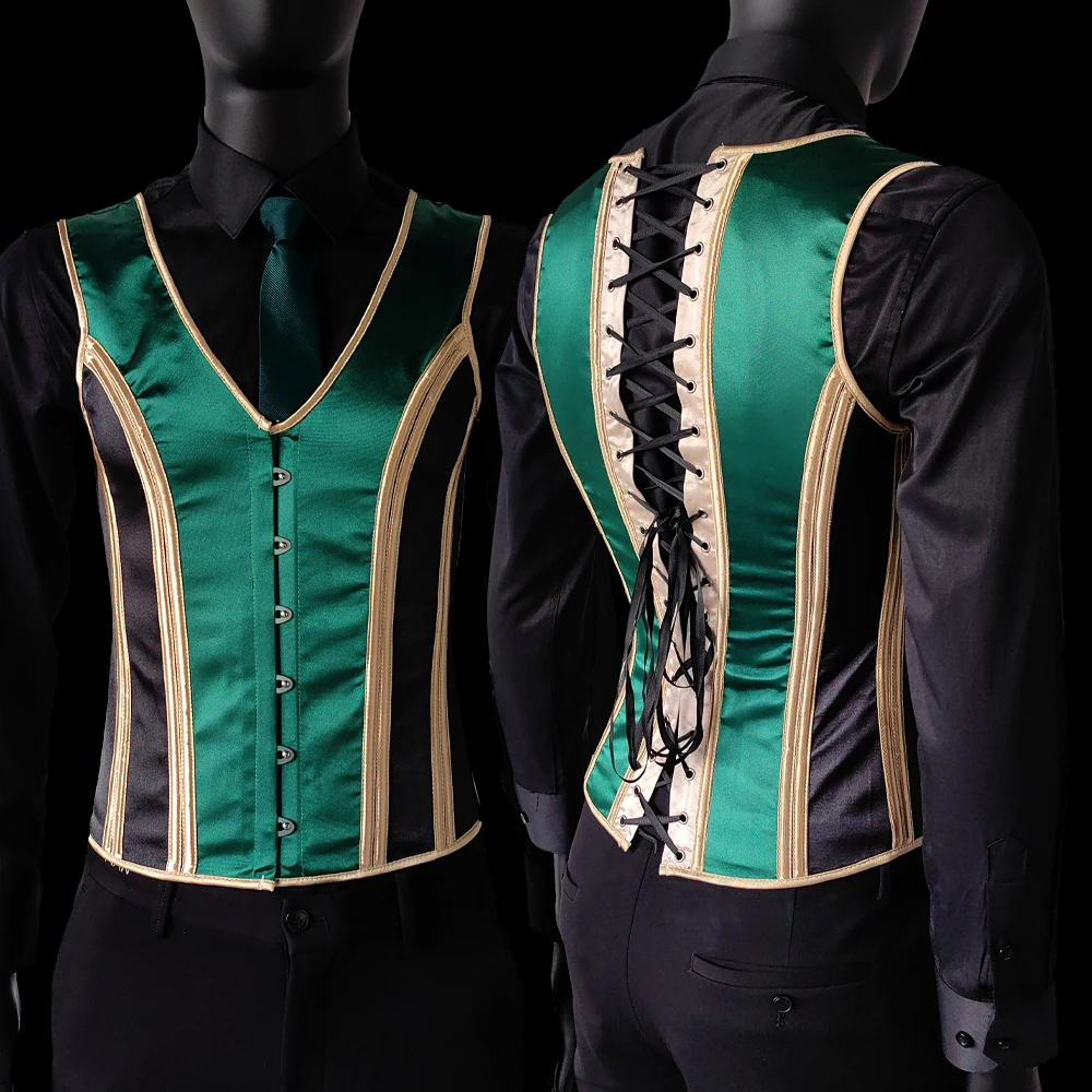 Black Corset Vest For Men Tight Fitting Vintage Waistcost Tummy Control Lace Up Bones Shaping Tops V Neck Buckles Costume