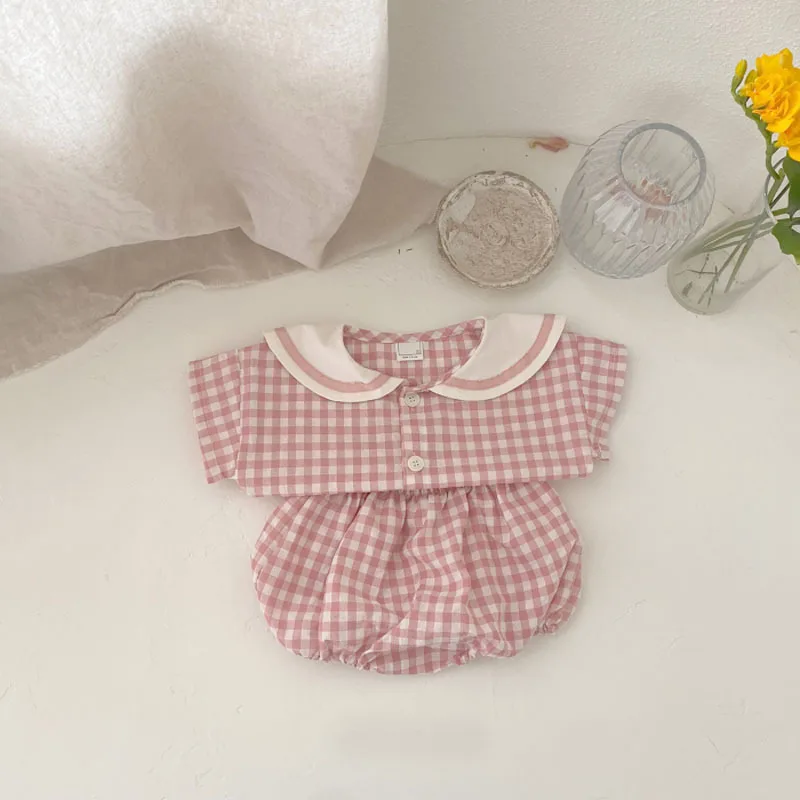 baby shirt clothing set 2022 Summer Baby Short Sleeve Clothes Set Infant Boys Girls Cute Plaid Print Navy Collar T Shirt + Shorts 2pcs Suit Kids Outfits baby clothes mini set