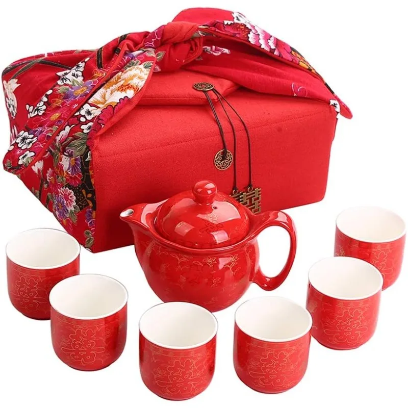 Chinese Traditional Wedding Decoration Supplies Double Happiness Porcelain Tea Set Teapot and Tea Cup 7 Pcs, Red Wedding