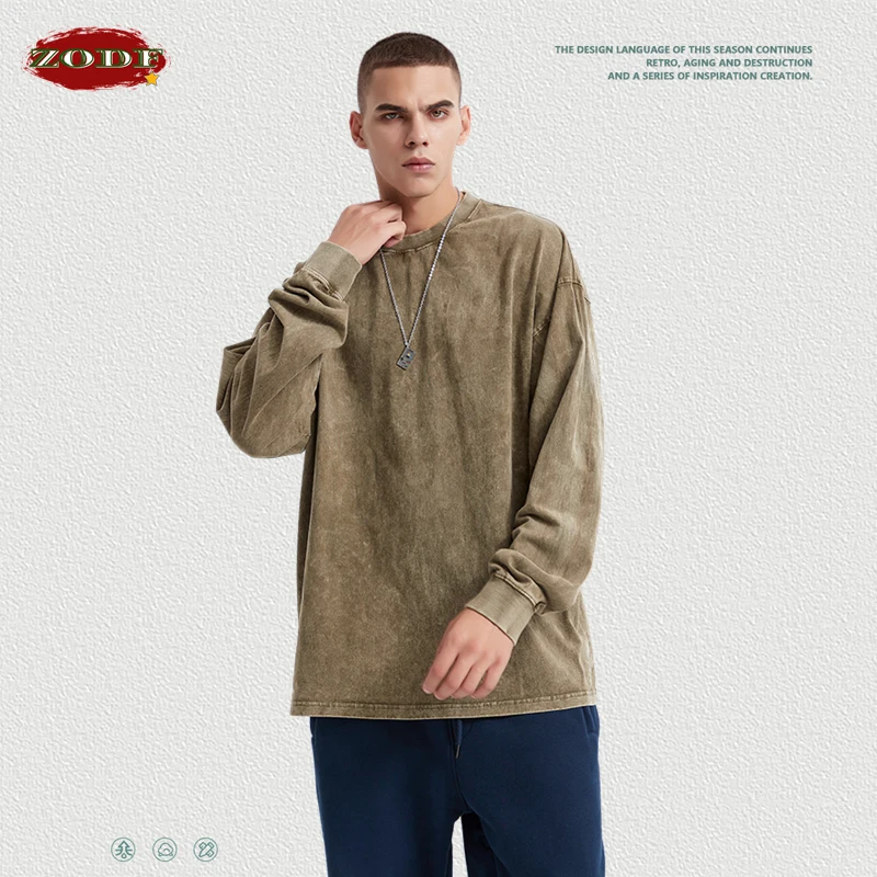 ZODF Retro Men Long Sleeve Washed Cotton T Shirt Unisex