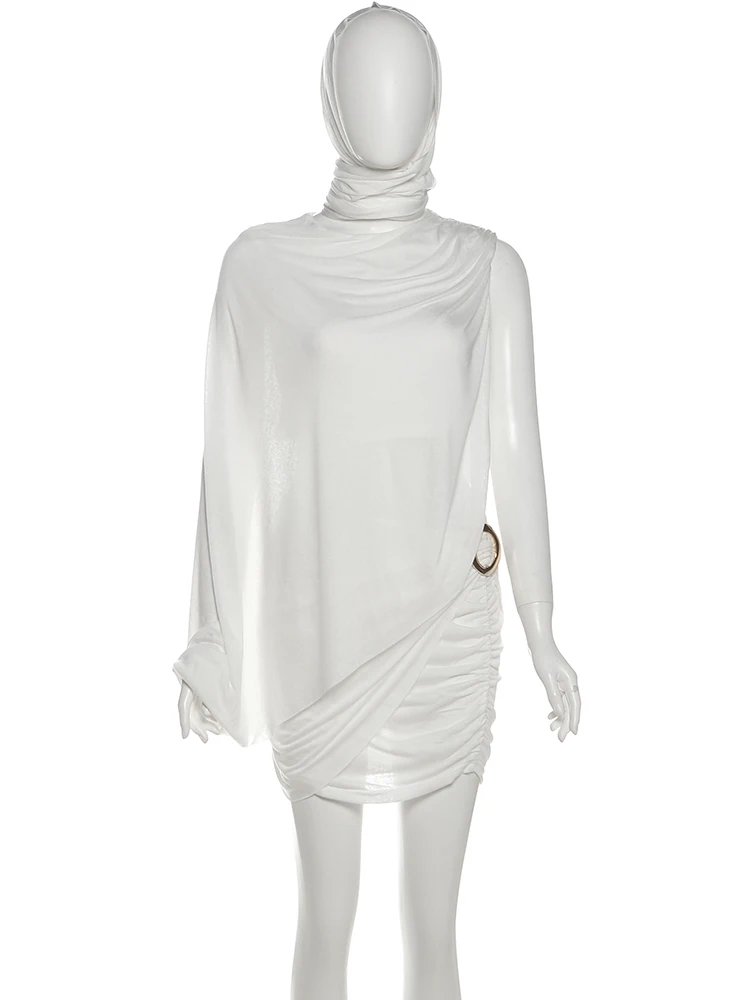 Nibber Fashion 3Piece Set Woman Solid Hooded Scarf+One Shoulder Irregular Top+Metal Ring Wrap Hip Mini Skirt High Street Outfits