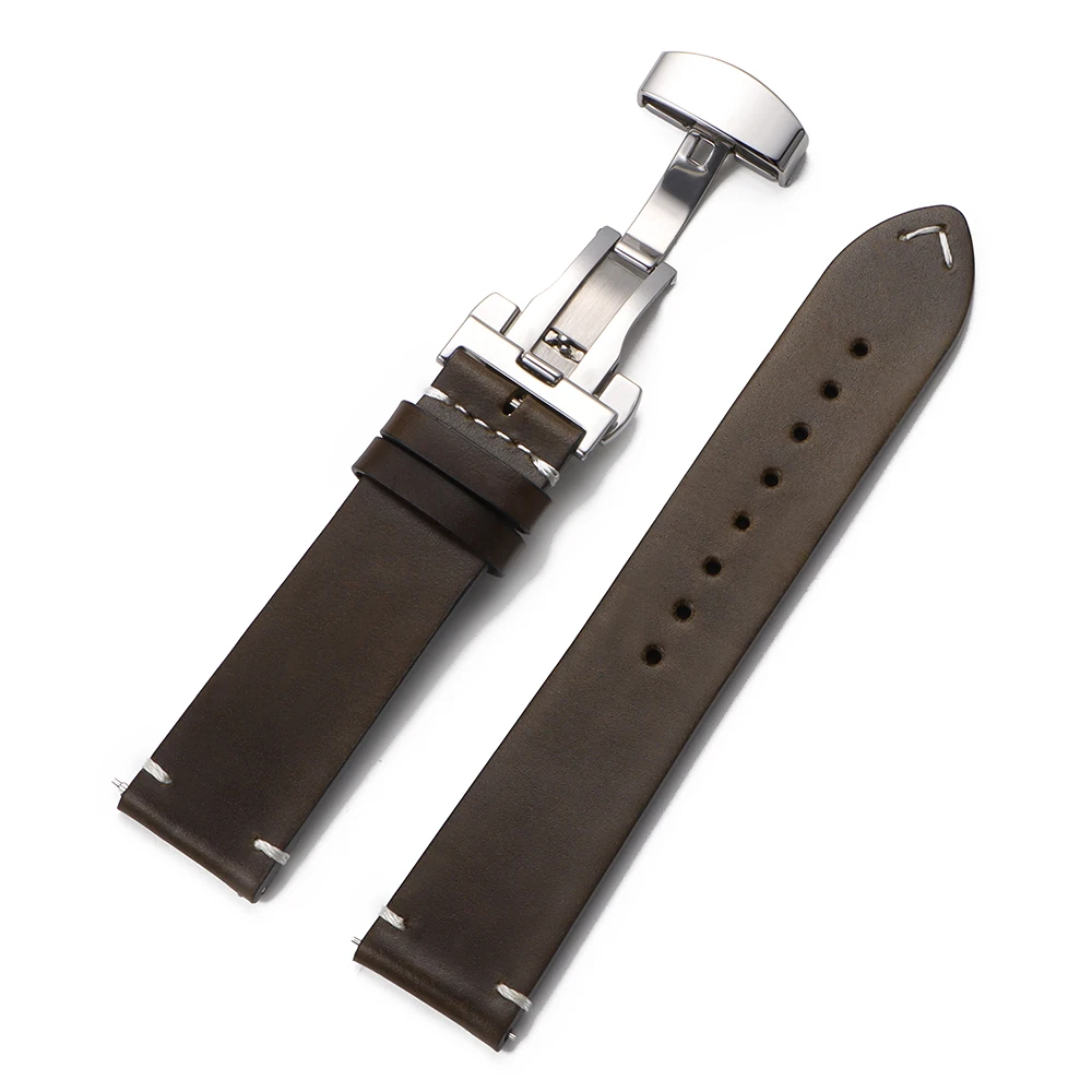 Vintage Soft Oil Wax Leather Watch Strap with Butterfly Buckle and Quick Release