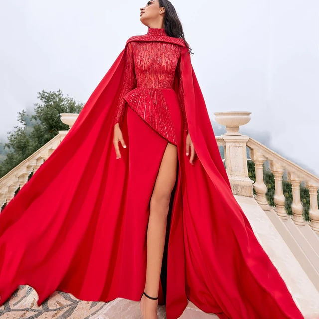 Sukienka na szyję czerwona satyna z płaszczem prosto długie suknie  wieczorowe dla kobiet elegancka odzież damska świecąca suknia wieczorowa z  długim rękawem - AliExpress