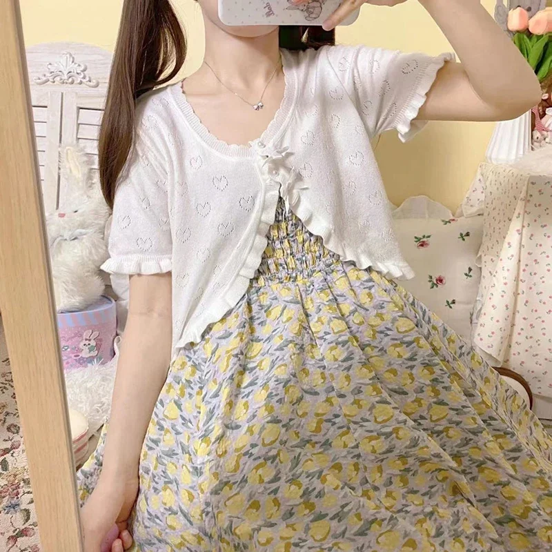 여성용 진주 버튼 보우 장식 하트 할로우 아웃 짧은 스웨터, 귀여운 니트 카디건, 귀여운 소녀 옷