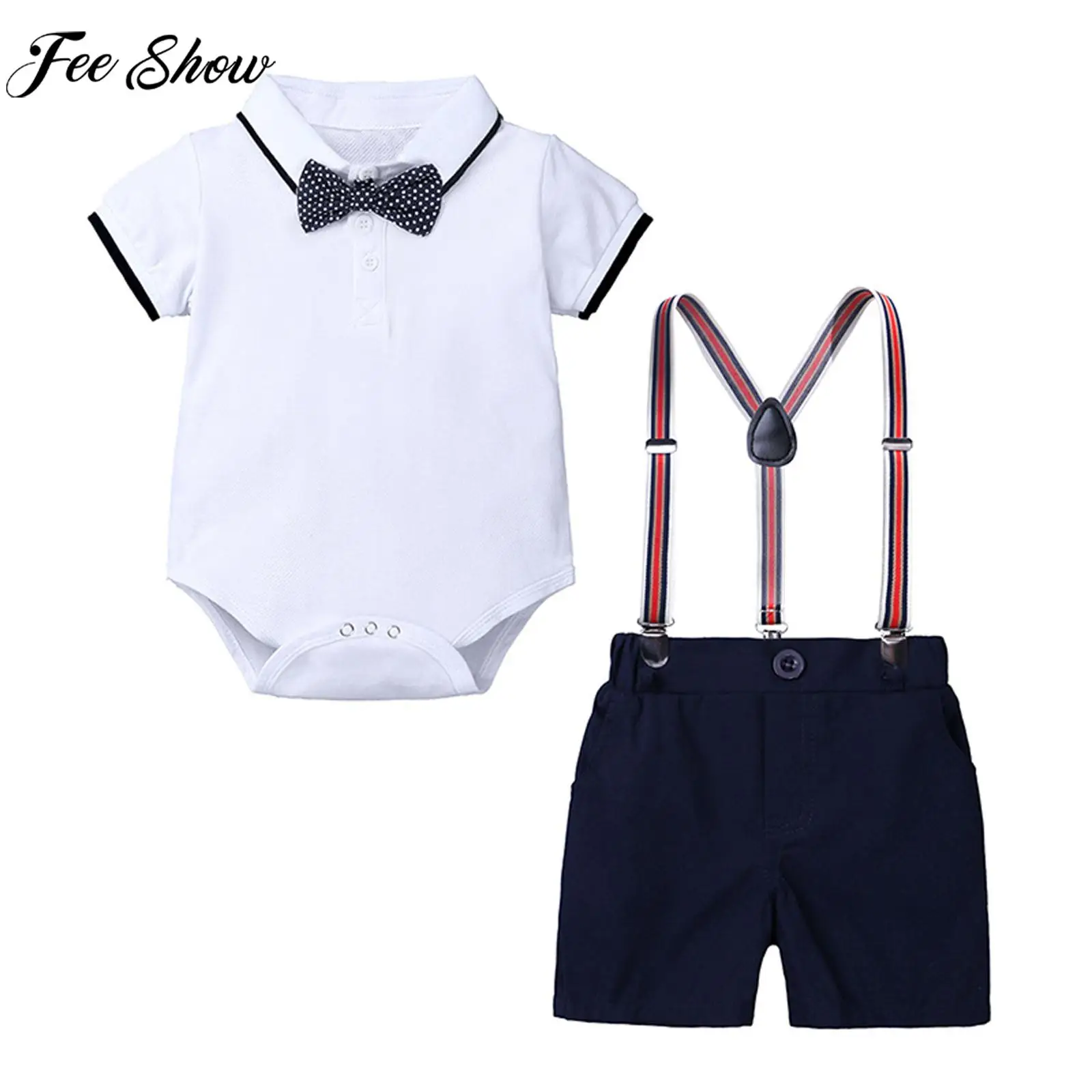 

Baby Christening Clothes Set Boys Gentleman Suit Short Sleeve Bow Tie Romper with Suspender Shorts for Wedding Birthday Party
